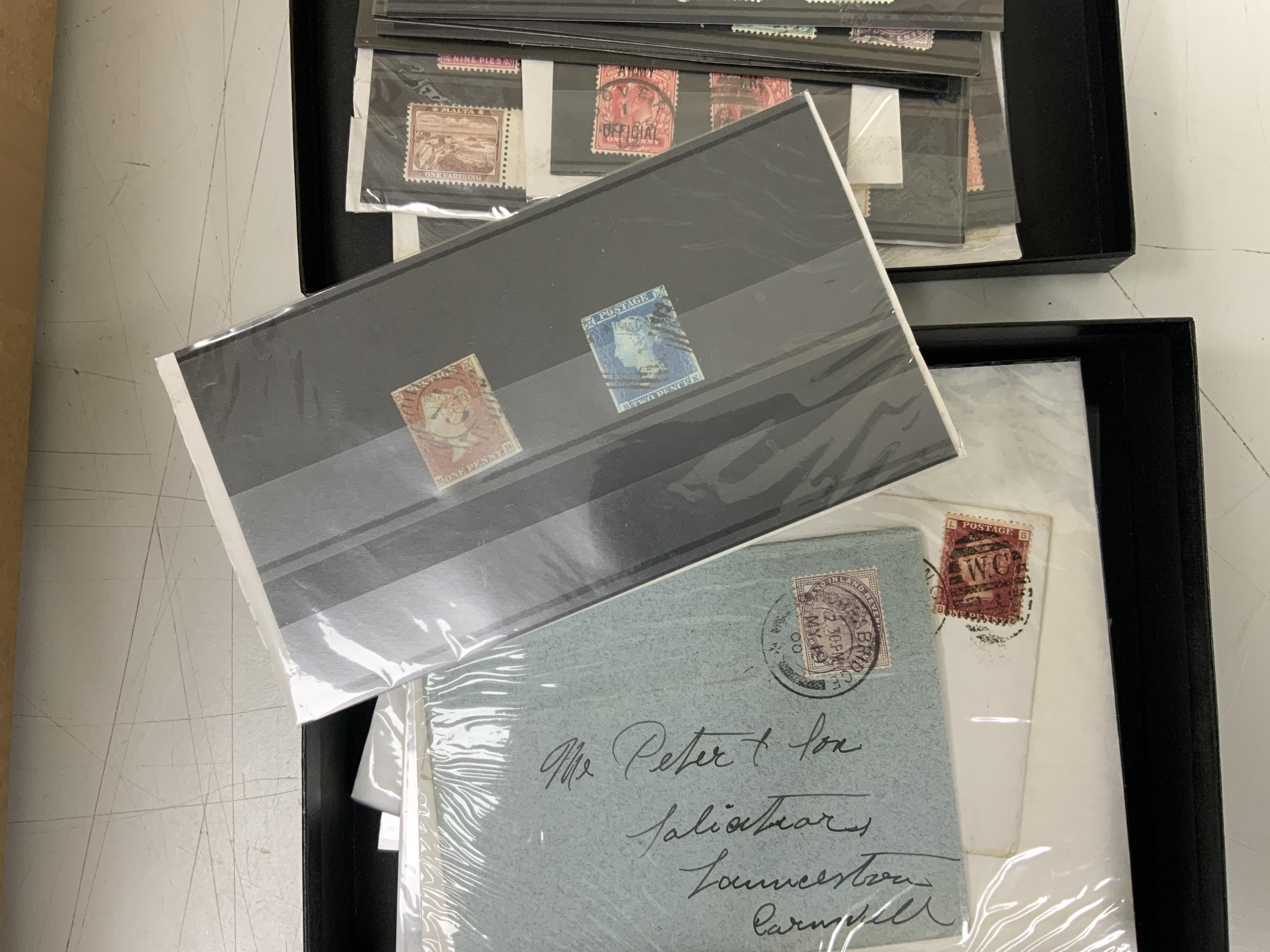 A collection of Victoria stamps including; a Penny red plate reconstruction of plate 106 made up of perforated Penny Reds and issued by the Westminster Collection Ltd., together with Victorian covers with franked Penny R